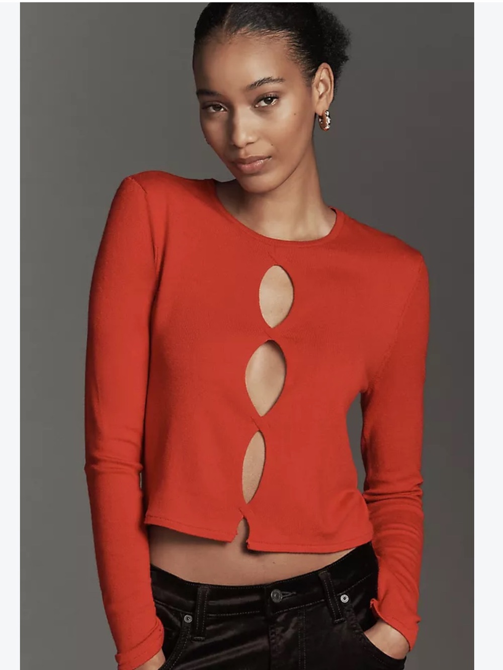 Anthropologie Red Long-Sleeve Cutout Crop Top